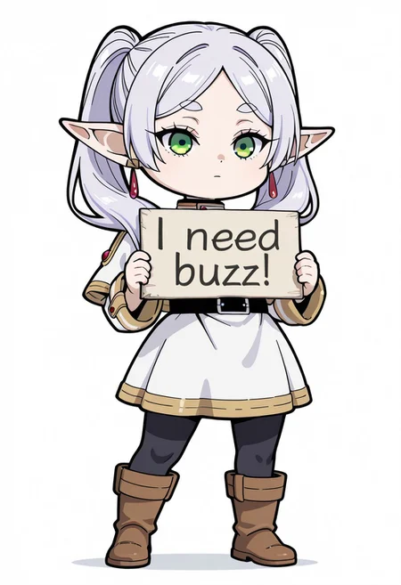 masterpiece, need_buzz, holding sign, sousou no frieren, frieren,chibi,chibi style, 
1girl, solo, white background, shirt, skirt, long sleeves, jewelry, pantyhose, pointy ears, parted bangs, green eyes, white hair, twintails, boots, full body, white skirt, earrings, striped shirt, sash, black pantyhose, capelet, white capelet, elf