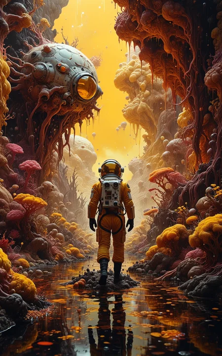 (style of Josh Kirby,style of John Harris,style of Mike Winkelmann,style of Jean Giraud,style of Angus McKie),award winning,
cinema_stil,(from_below:1.5),wide shot,Horror_landscape,Super wide Angle and large format,fantasy,ban,opal render,
An astronaut walking on a surreal desert with alien sporophytes plants,are partially transparent with tentacles and spines,backdrop is the ginger storm of cosmic dust,
(colored_desert_canary_yellow_perlwhite,colored_cosmic_dust_canary_yellow_perlwhite,colored_astronaut_indianred,colored_alien_sporophytes_plants_canary_yellow_perlwhite),(canary_yellow_perlwhite_grease),
Hyper-detailed,Insane Details,Intricate Details,Super-Resolution,Megapixels,Strong Shadows<lora:EdobHorrorLandscape_XL_v1.0:0.8>,acidzlime<lora:acidzlime:0.4>,Cel Shading,Hypermaximalist,Super Detailed,Hyperrealism<lora:InkArtXL_1.2:0.5><lora:DD-pnte-neg-v1:-1.5><lora:MJ52:0.5>,