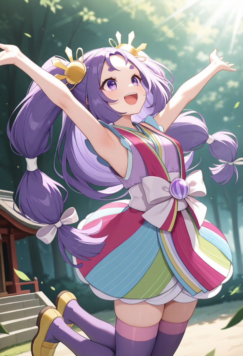 1girl,solo,<lora:irohappnil-000010:0.9>,iroha_ppn,purple eyes,purple hair,long hair,twintails,short eyebrows,thick_eyebrows,hair ornament,low-tied long hair,kimono,japanese clothes,sleeveless,multicolored clothes,purple thighhighs,white obi,cowboy_shot,from_side,aerial,head_back,midair,smile,flying,jumping,open mouth,loafers,yellow shoes,armpits,outstretched_arms,arched_back,forest,sunlight,shrine,falling_leaves,incredibly absurdres,masterpiece,best quality,good quality,newest,