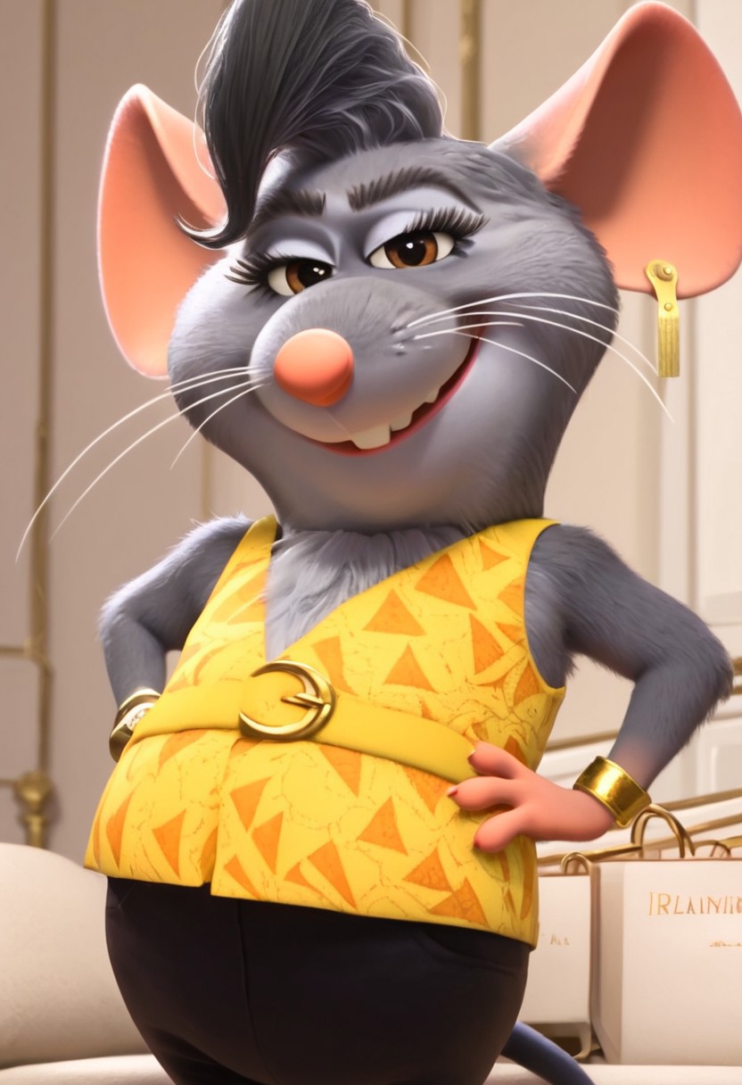 brianca_z+casual, furry, anthro, female mouse, gray fur, dark gray short hair, pink ears, pink nose, three whiskers on each side, buckteeth, big eyelashes, golden-brown eyes, pink hands (four fingers), pink feet, gray mouse tail, yellow sleeveless top (orange cheese patterns), yellow belt around the waist, black pants, golden earrings, big gold bracelet on right arm, score_8_up, score_7_up, BREAK, 1girl, solo, looking at viewer, cute, smirk, from below, hands on hips, head tilt, female focus, looking at viewer, detailed background, 4k, masterpiece, best quality, highly detailed, realistic, 3d, Expressiveh
