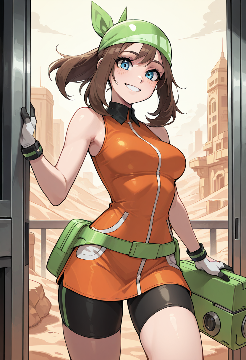 masterpiece, best quality, 1girl, solo, eyelashes, (beautiful eyes), smile, looking at viewer,    zzMayEm, blue eyes, brown hair, medium hair, futuristic green bandana, sleek orange outfit, armored bike shorts, high-tech gloves, glowing fanny pack, cyber green bag, sci-fi visor, neon desert city, courier theme. zzMayEm sprints through a glowing desert metropolis, delivering data chips in her glowing pack, her confident stride cutting through the night.   <lora:MayEmeraldPokemon_IXL_v2:1.0>,