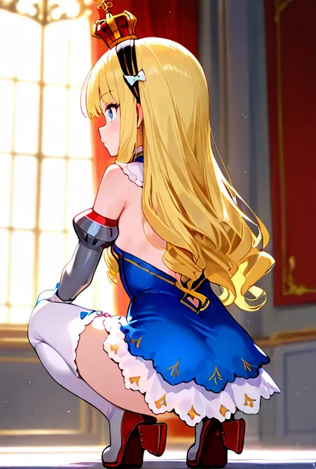 masterpiece, High quality, Ultra detailed, 2d, newest, absurdres, highres, BREAK
1girl, solo, <lora:QNELI_v2_LISETTElora:0.8>, qneli, long hair, blonde hair, mini crown, black hairband, blue eyes, 
small breasts, qnelidef, blue bow, short dress, dress, bare shoulders, detached sleeves, white gloves, white thighhighs, footwear, rudder footwear, 
from behind, back, squatting,