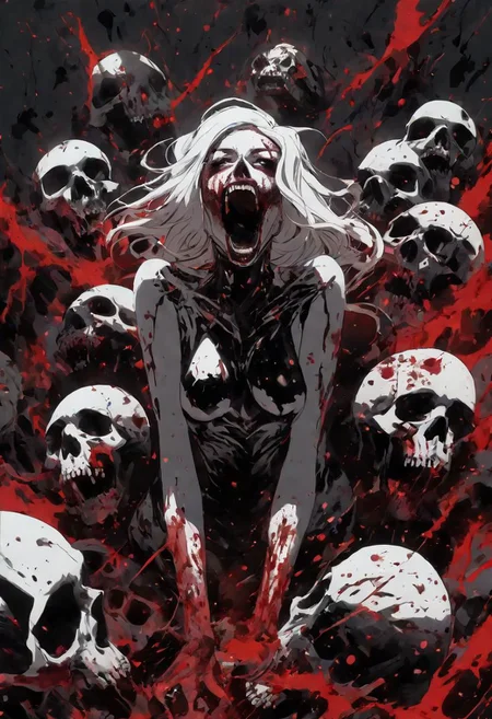 8k, cinematic, chromatic aberration, dark scene, female standing facing, mountain of small skulls, (((Blood Splatter))), Black paint Splatter, (pale white red eyes, (beautiful, attractive), mouth open, screaming, (clawing, scraping, grasping), looking up), (nude, full body, (legs apart, legs spread)), black wings, (dark moody, volumetric, dimly lit)