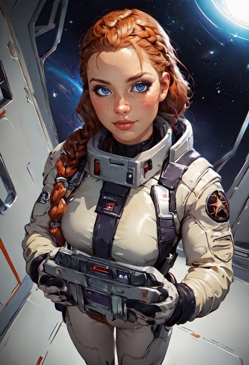 score_9,score_8_up,score_7_up,score_6_up, source_illustration, a cute thin girl with long blue braided hair, blue eyes, fair skin, freckles,wearing a (space suit:1.2), small breasts, tattoos; standing in the corridor of a spaceship, looking directly at the viewer, view from above; dimly lit, dark lighting, volumetric soft light, hazy, intricate details, rating_explicit, nostromostyleai, starship interior, space outside, grungy and worn-down spaceship corridors, no windows, nostromostyleai, m41apls, holding a pulserifle,