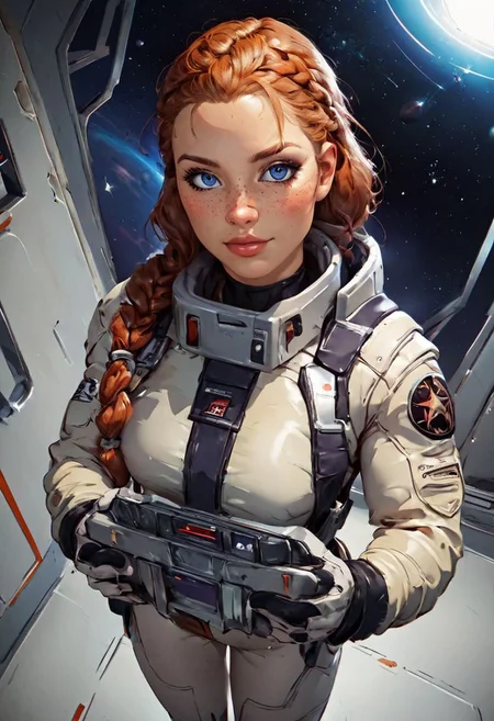 score_9,score_8_up,score_7_up,score_6_up, source_illustration, a cute thin girl with long blue braided hair, blue eyes, fair skin, freckles,wearing a (space suit:1.2), small breasts, tattoos; standing in the corridor of a spaceship, looking directly at the viewer, view from above; dimly lit, dark lighting, volumetric soft light, hazy, intricate details, rating_explicit, nostromostyleai, starship interior, space outside, grungy and worn-down spaceship corridors, no windows, nostromostyleai, m41apls, holding a pulserifle,