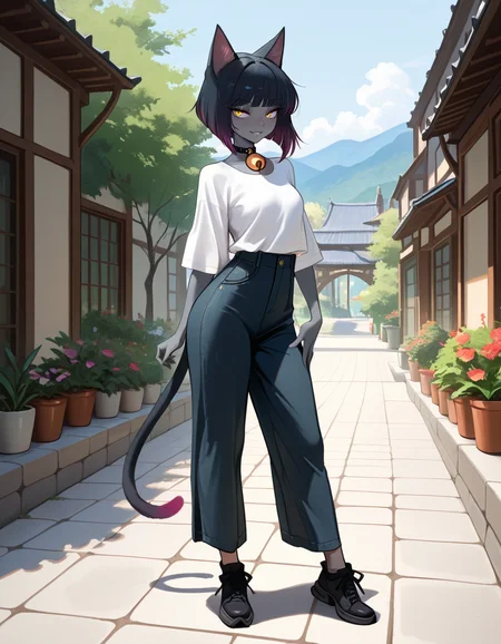 masterpiece, best quality, very aesthetic, absurdres,
outdoors, casual,
full body, standing, posing,
seductive smile, parted lips, long eyelashes,
<lora:Agnes_v01_NAIXL:1>
4gn3s,1girl,solo,cat girl,cat ears,multicolored hair,bangs,bob cut,yellow eyes,neck bell,grey skin,cat tail,