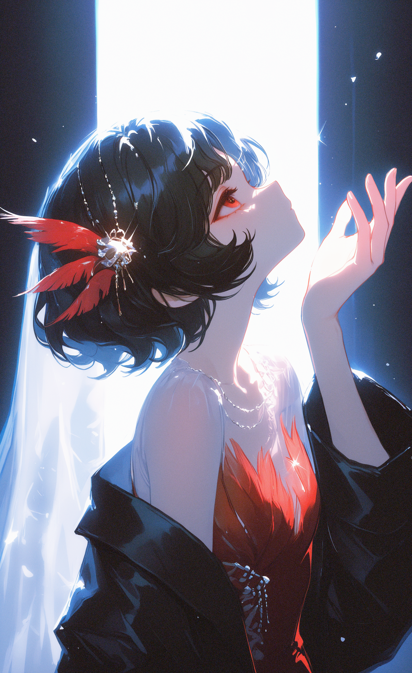 masterpiece, best quality, good quality, newest, highres, absurdres, schneider \(reverse:1999\), 1girl, backlighting, black coat, black hair, bloom, coat, dress, feather dress, feather hair ornament, feathers, hair ornament, hand up, long sleeves, looking up, profile, red dress, red eyes, red feathers, see-through clothes, see-through veil, short hair, solo, upper body, veil, 0010011_illu,ma1ma1helmes_b_illu,15546+456868 <lora:illustriousXL_stabilizer_v1.23:0.3> <lora:NOOB_vp1_detailer_by_volnovik_v1:0.3> <lora:ponyv6_noobE11_2_adamW-000017:0.3> <lora:114558v4df2fsdf5:0.5> <lora:ma1ma1helmes_b-000014:0.5> <lora:0010011_style-blurry:0.7>