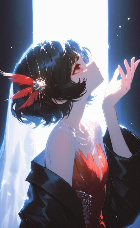 masterpiece, best quality, good quality, newest, highres, absurdres, schneider \(reverse:1999\), 1girl, backlighting, black coat, black hair, bloom, coat, dress, feather dress, feather hair ornament, feathers, hair ornament, hand up, long sleeves, looking up, profile, red dress, red eyes, red feathers, see-through clothes, see-through veil, short hair, solo, upper body, veil, 0010011_illu,ma1ma1helmes_b_illu,15546+456868 <lora:illustriousXL_stabilizer_v1.23:0.3> <lora:NOOB_vp1_detailer_by_volnovik_v1:0.3> <lora:ponyv6_noobE11_2_adamW-000017:0.3> <lora:114558v4df2fsdf5:0.5> <lora:ma1ma1helmes_b-000014:0.5> <lora:0010011_style-blurry:0.7>