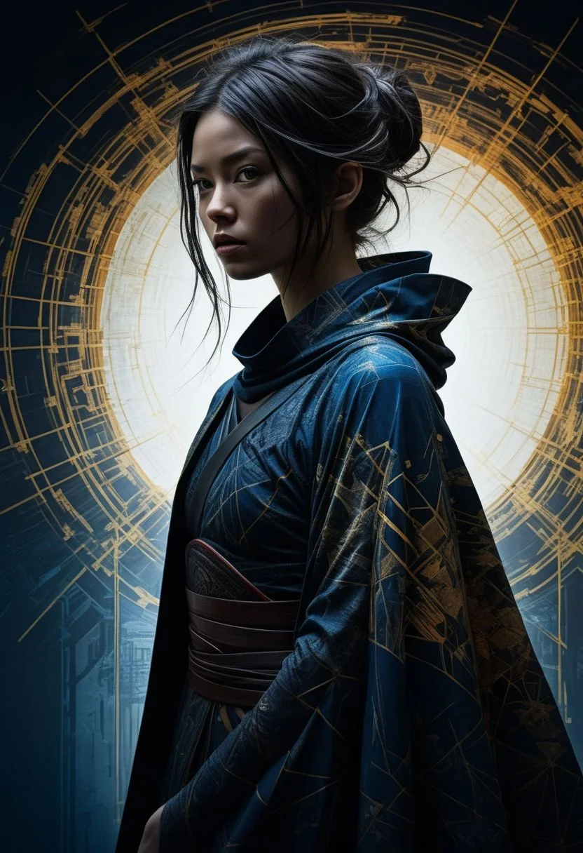 mysterious silhouette samurai woman in cape, in temple, goddess, alluring, by Minjae Lee, Carne Griffiths, Emily Kell, Steve McCurry, Geoffroy Thoorens, Aaron Horkey, Jordan Grimmer, Greg Rutkowski, amazing depth, double exposure, surreal, geometric patterns, intricately detailed, bokeh, perfect balanced, deep fine borders, artistic photorealism , smooth, great masterwork by head of prompt engineering <lora:add-detail-xl:2> <lora:Double_Exposure:0.5>