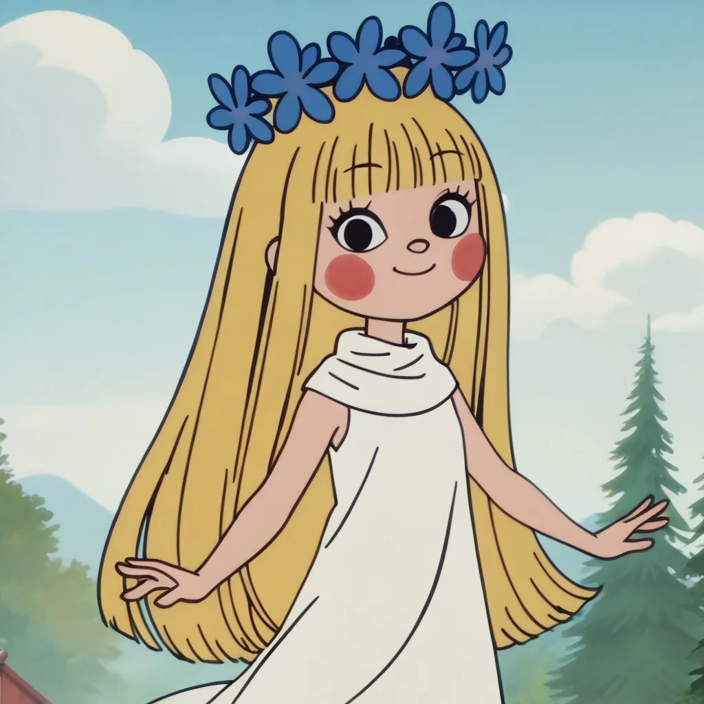 score_9, score_8_up, score_7_up BREAK 1girl, amalka, long blonde hair, blunt bangs, black eyes, rosy cheeks, blue flower crown, white scarf, long white sleeveless dress, screenshot, official art, parody, cartoon footage, official design, screencap, cartoon screenshot, official screenshot, 2d, cartoon, source_cartoon, smiling at viewer,