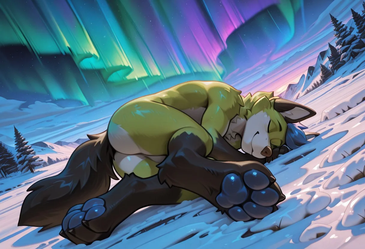 best quality, amazing quality, high resolution, masterpiece, very aesthetic, absurdres, newest, simple art, depth of field, source_anime, uncensored, furry, furry male, anthro, detailed fur,
MF9f, civifur, film grain, sky focus, scenery focus, ((dynamic angle, dynamic background, dynamic pose)), laying on ground, laying, ((outside, aurora sky, snow)), ((detailed scenery, detailed snow)), calm, happy, sleeping, low angle view,
lim3, (((neon green body, light gray fur))), (((better quality))), black ears, white inner ear, brown nose, blue hair, ((closed eyes)), black hands, black feet, black tail, ((blue pawpads, paws focus))