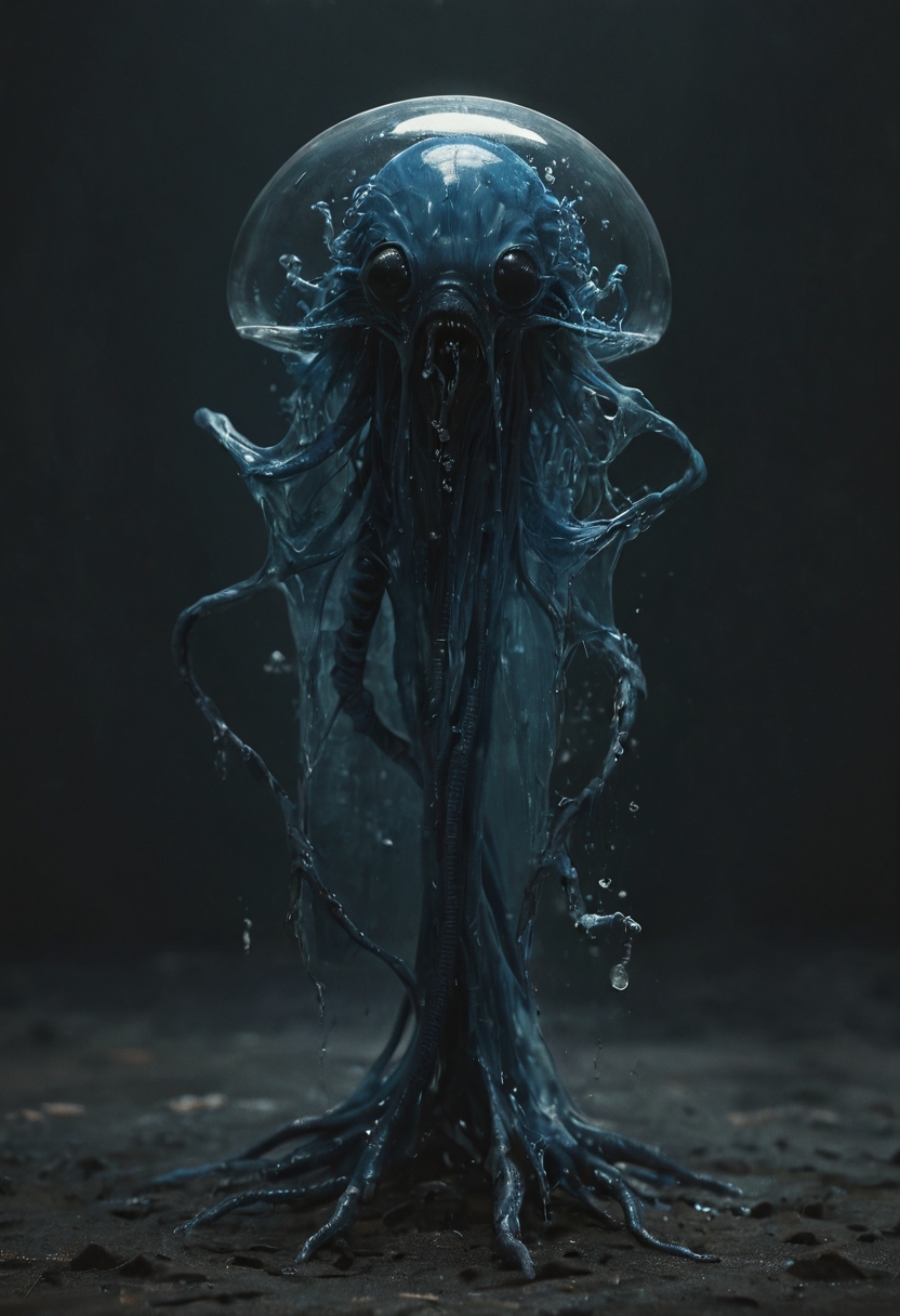 big black eyes,  monster, water creature|(xenomorph:0.2), (blue transparent skin), cinematic, dark background,, .score_9, score_8_up, score_7_up,score_6_up, rating_safe