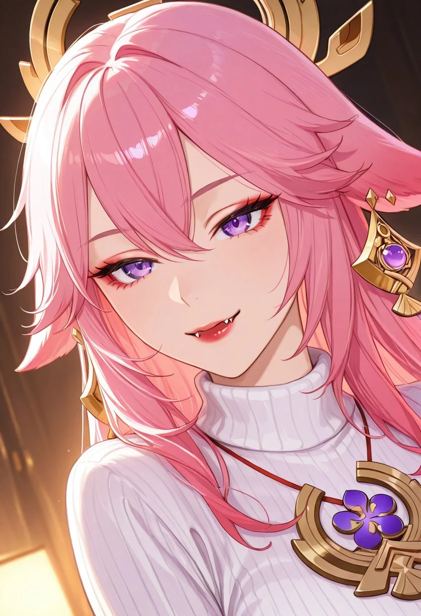 (8K resolution, absolute masterpiece, ultra-detailed, best quality, colorful, intricate details, highest detail, dynamic angle, cinematic lighting, photorealistic rendering)
Stunning illustration of Yae Miko (zzYaemiko) in a modern, casual outfit. She has vivid purple eyes, soft pink hair with long, low-tied strands, and delicate hair ornaments. Her fox-like animal ears and Egyptian-style eyeliner add to her alluring presence. Her red lips and sharp fangs give a subtly seductive expression.