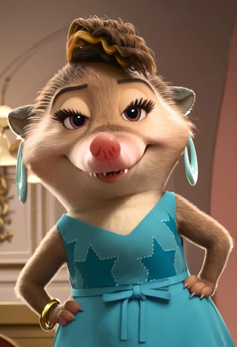 christine_z+casual, furry, anthro, female arctic shrew, short curly brown hair (one golden hair streak), tan golden-brown fur, long pink nose, big eyelashes, golden-brown eyes, golden-brown hands (four fingers), short claws, brown-gray feet, brown tail, light blue dress (darker blue star patterns), light blue ribbon around the waist, dark blue pants (cheetah patterns), teal-colored earrings (hoop rings), gold bracelet on right arm, score_8_up, score_7_up, BREAK, 1girl, solo, looking at viewer, cute, smirk, from below, hands on hips, head tilt, female focus, looking at viewer, detailed background, 4k, masterpiece, best quality, highly detailed, realistic, 3d, Expressiveh