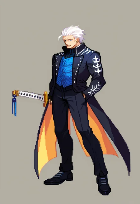 score_9, score_8_up, score_7_up, source_anime BREAK solo, 1boy, <lora:CPS2-pdxl_Fp:1>, full body, simple background, looking at viewer, pixel art, <lora:dmc5_vergil_ponyXL:1>, dmc5vergil, black coat, fingerless gloves, pants, white hair, blue eyes, looking to the side, holding, scabbard, sword hilt,