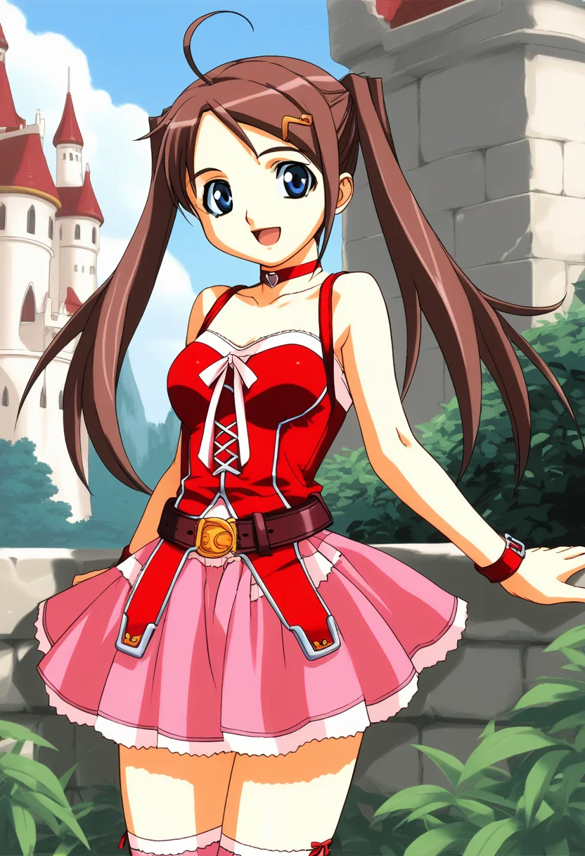 score_9, score_8_up, score_7_up, source_anime BREAK 1girl, solo, <lora:gravion_runa_2:1>, gravion_runa, cowboy shot, (1990s\(style)\:0.7), frilled dress, red dress, bare shoulders, collarbone, red choker, pink skirt, belt, pink thighhighs, wristband, medium breasts, brown hair, swept bangs, hairclip, ahoge, twintails, sidelocks, (very long hair:0.8), blue eyes, looking at viewer, smile, open mouth, castle, outdoor
