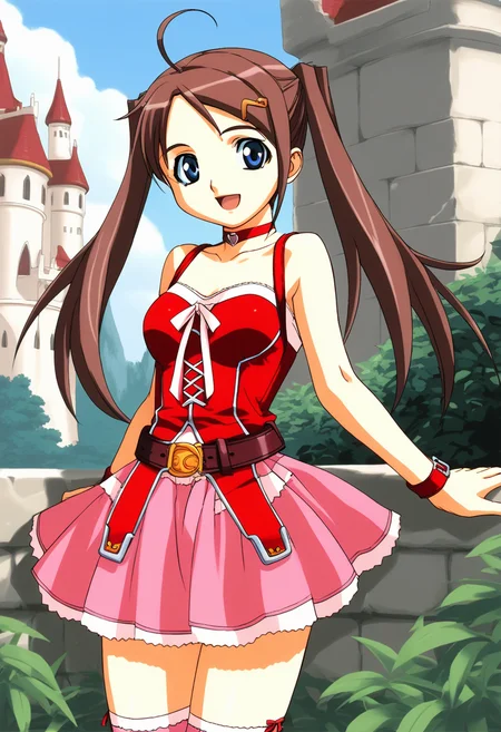 score_9, score_8_up, score_7_up, source_anime BREAK 1girl, solo, <lora:gravion_runa_2:1>, gravion_runa, cowboy shot, (1990s\(style)\:0.7), frilled dress, red dress, bare shoulders, collarbone, red choker, pink skirt, belt, pink thighhighs, wristband, medium breasts, brown hair, swept bangs, hairclip, ahoge, twintails, sidelocks, (very long hair:0.8), blue eyes, looking at viewer, smile, open mouth, castle, outdoor