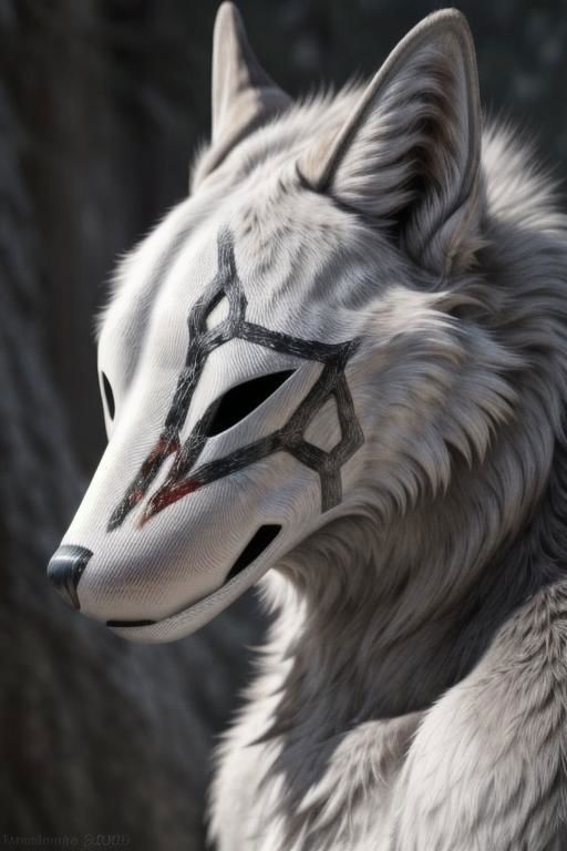ASCII real e621, photorealistic, masterpiece, (((blank canine furred face, angular painted face markings, no face, faceless mouthless)), fluffy tail, naked furred body,