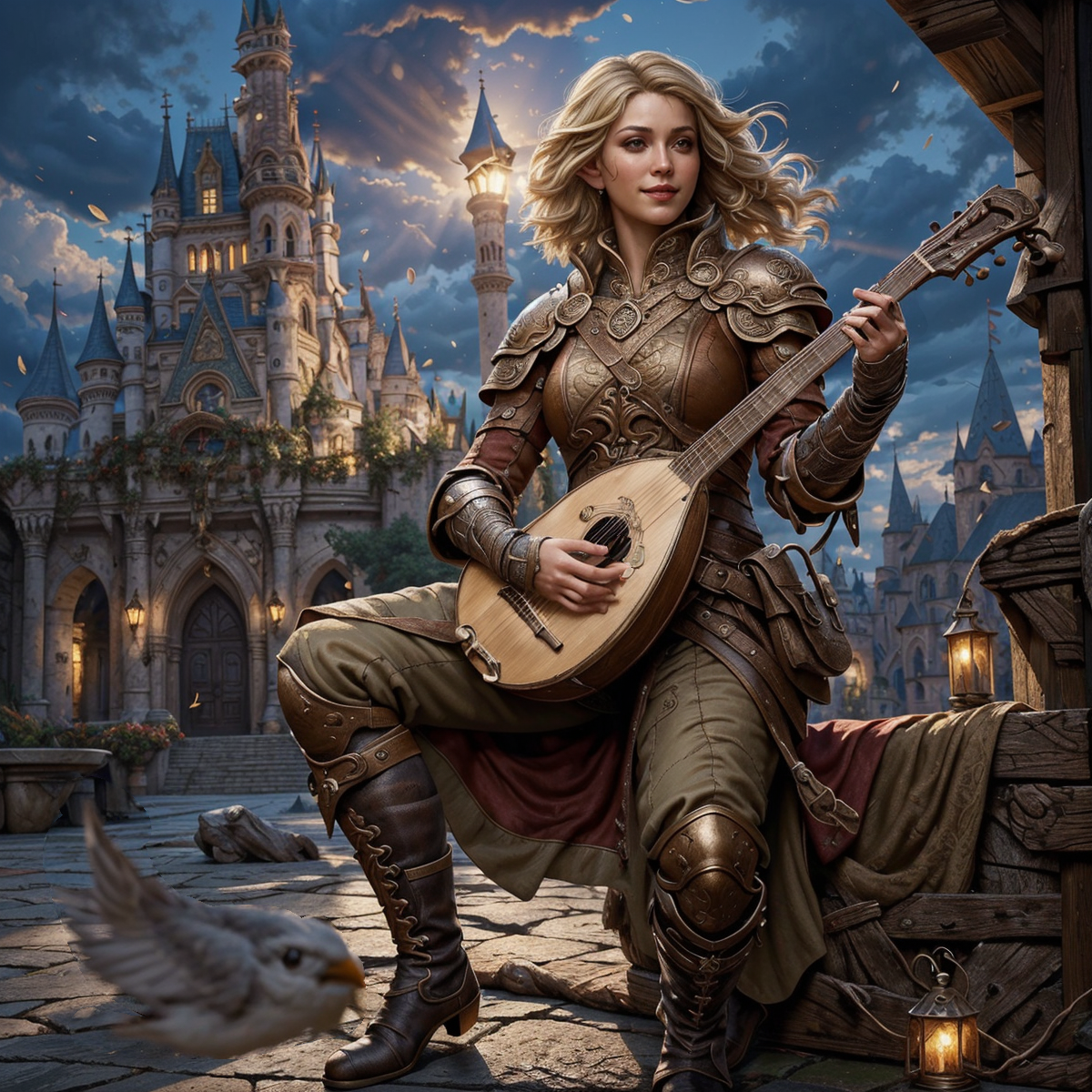 RAW photo, (masterpiece:1.3), subsurface scattering, heavy shadow, (high quality:1.4), (intricate, high detail:1.2), professional photography, HDR, High Dynamic Range, realistic, ultra realistic, photorealistic, high resolution, film photography, ambient lighting, atmospheric effects, <lora:detail_slider_v4:2>, OverallDetail,  <lora:Bard:0.8> , 1girl, armor, bard, bird, blonde hair, blue sky, boots, brown footwear, brown hair, castle, cloud, facial hair, full body, gloves, instrument, jewelry, long sleeves, lute \(instrument\), mask removed, pants, playing instrument, pointy ears, simple background, smile, solo, solo focus