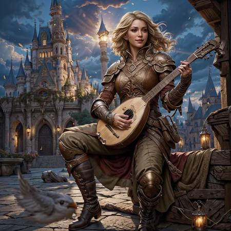 RAW photo, (masterpiece:1.3), subsurface scattering, heavy shadow, (high quality:1.4), (intricate, high detail:1.2), professional photography, HDR, High Dynamic Range, realistic, ultra realistic, photorealistic, high resolution, film photography, ambient lighting, atmospheric effects, <lora:detail_slider_v4:2>, OverallDetail, <lora:Bard:0.8> , 1girl, armor, bard, bird, blonde hair, blue sky, boots, brown footwear, brown hair, castle, cloud, facial hair, full body, gloves, instrument, jewelry, long sleeves, lute \(instrument\), mask removed, pants, playing instrument, pointy ears, simple background, smile, solo, solo focus