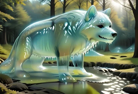 animal_guardian, wolf, black wolf, Wolf made out of black slime, black slime wolf in a forest, forest made out of slime, 
natural light, no bright spots, 
((translucent slime)), ((transparent slime)), made of water, (bioluminescent slime), sl1m3, slime, slime-morph, ais-blmn, saturated colors, no creatures, no humans, no monsters, no pokemon, scenery only, scenery, ral-lava, watce