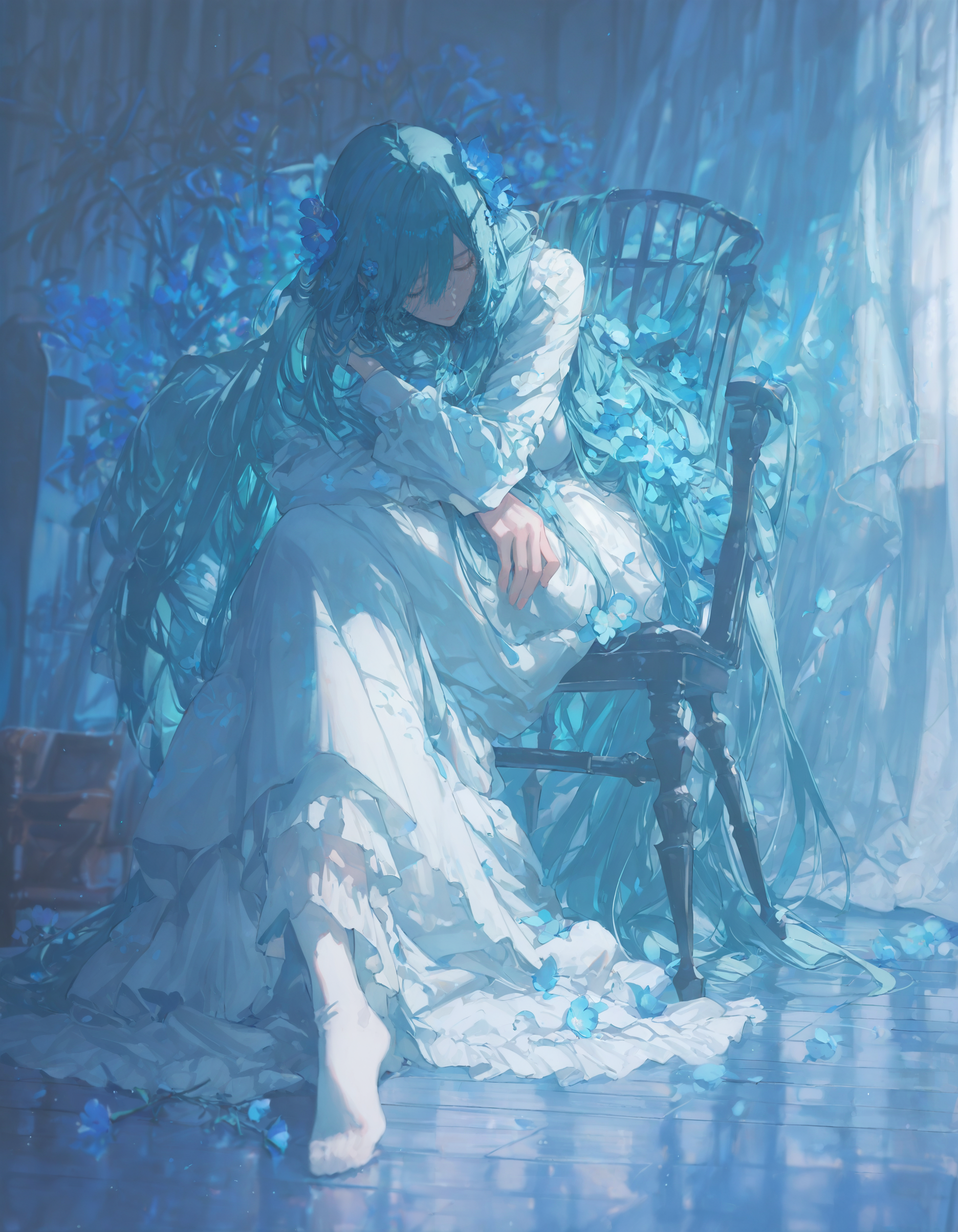 masterpiece, best quality, absurdres, <lora:69yottea_illu_v2:1>,69yottea_style_illu,KonYa666_illu, 1girl, flower, long hair, solo, hair flower, closed eyes, hair ornament, sitting, chair, blue flower, long sleeves, no shoes, curtains, very long hair, dress,