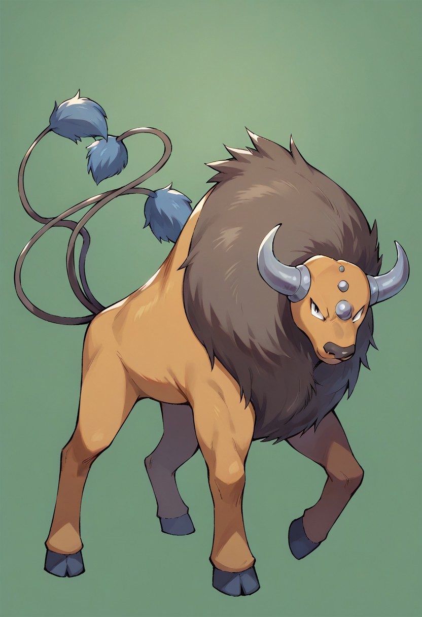 score_9, score_8_up, score_7_up, tauros, pokemon (creature), looking at viewer, serious, full body, green background, from side,