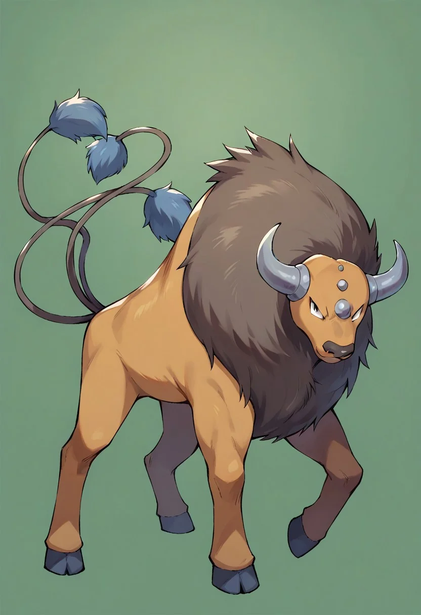 score_9, score_8_up, score_7_up, tauros, pokemon (creature), looking at viewer, serious, full body, green background, from side,