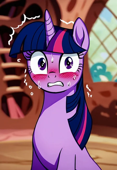 score_9, score_8_up, score_7_up, score_6_up, score_5_up, score_4_up, rating_safe, (masterpiece), (extremely intricate:1.3), (animated screencap), anime portrait of Twilight Sparkle, unicorn, female, mare, pony, solo, surprised, blushing, my little pony, upper body, sharp focus, show accurate, g4, detailed, beautiful, blurry background, indoors, golden oaks library, nervous laughter, looking at viewer, adorkable, purplesmart, giddy, excited, f1dg3tingXL, fidgeting, nervous, shy, trembling, motion_lines, sweat,