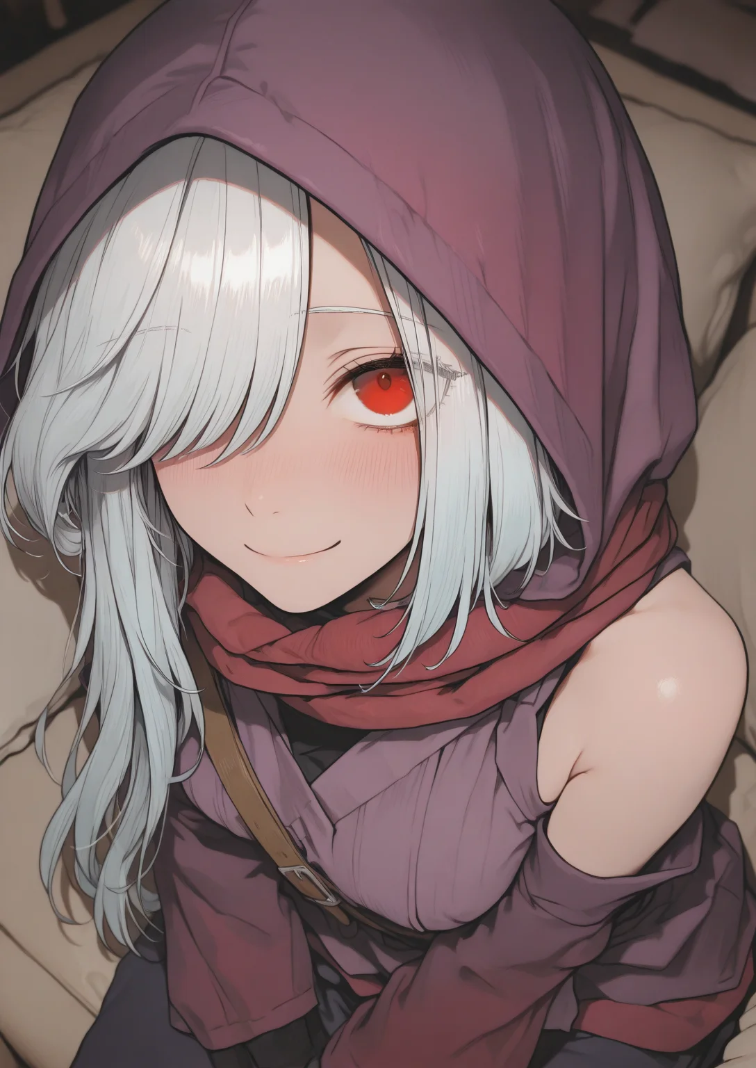 "1girl, solo, sitting, smile, looking at viewer, closed mouth", bedroom
BREAK
<lora:Tu_Linger_V4:0.8>,Tu_Lingâer, white hair,red eyes, long hair, asymmetrical bangs, side-swept bangs,(hair covering one eye:1.2), hood up, wearing hood, purple hood, red scarf, purple cloak, long purple cloak,
<lora:illustriousXLv01_stabilizer_v1.165c:0.5>, <lora:aosiai123_style:1> traditional media, aosiai123_illu,, masterpiece, best quality, amazing quality, very aesthetic, absurdres, newest,