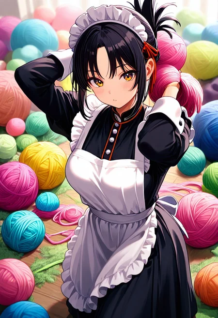 masterpiece, very aesthetic, absurdres, newest,  top angle, Yarnworld, 1girl, cowboy shot, maid, black dress, long dress, white apron, maid headdress, black hair, folded ponytail, holding up a large ball of yarn , lots of ball of yarn, ball of yarn background, <lora:Challenge_Winnifier:1> <lora:Yarnworld-000017:1>