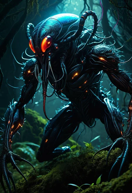 Hyper-realistic vivid digital art. Close-up. Giant mutated bugman rises up from the earth, its body a mass of writhing, pulsing tendrils. High-angle shot. Dark, moody atmosphere with vibrant, neon-like bioluminescence. Tendrils glisten with dew, reflecting light. Earthy, natural textures contrast with eerie, glowing accents. Dramatic, chiaroscuro lighting. Best quality, incredibly detailed, cinematic, intense, frightening, monstrous, eerie, ominous, mysterious, Detailed