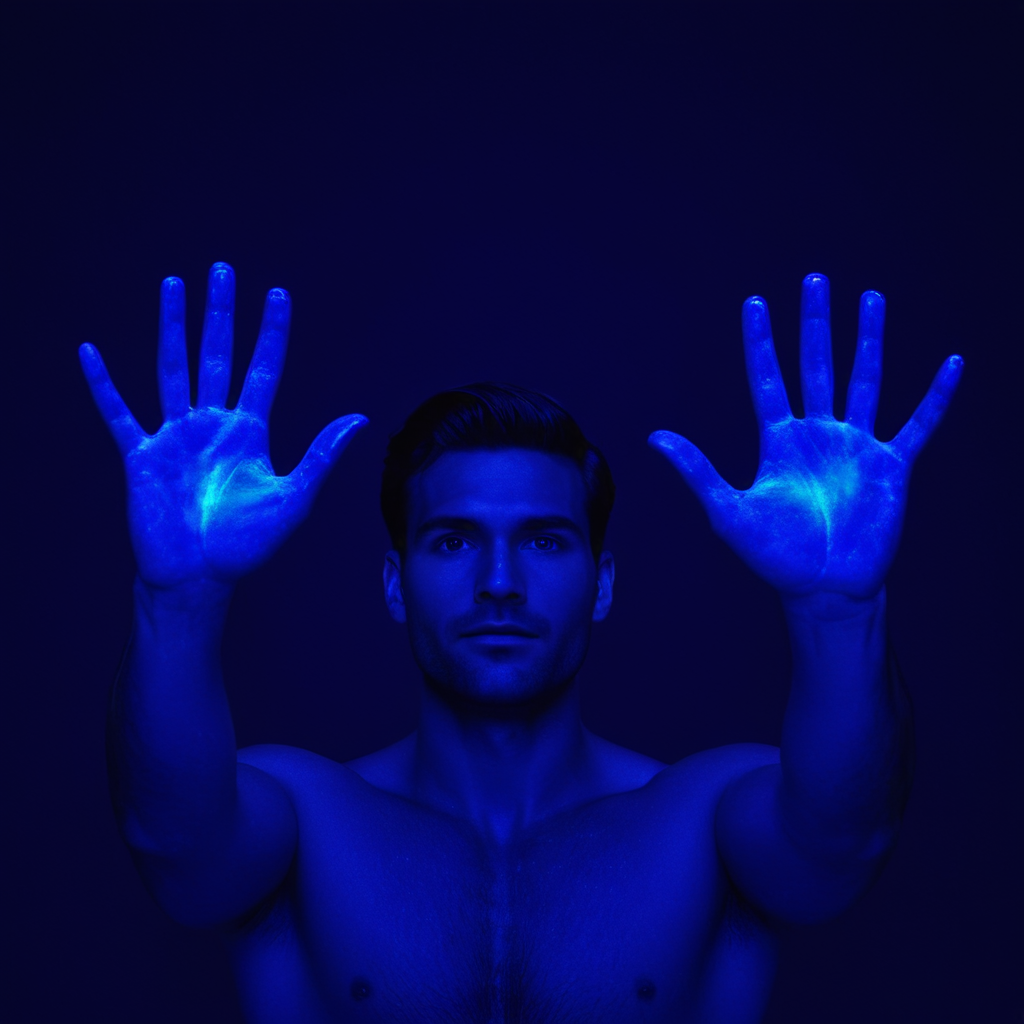 cinematic film still of  <lora:Ultraviolet lighting Style:1>
a person with their hands painted blue Ultraviolet lighting Style,solo,simple background,male focus,hands up,glowing,open hands
, shallow depth of field, vignette, highly detailed, high budget, bokeh, cinemascope, moody, epic, gorgeous, film grain, grainy
