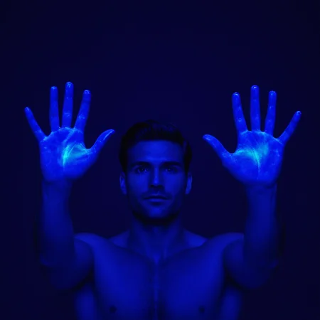 cinematic film still of <lora:Ultraviolet lighting Style:1>
a person with their hands painted blue Ultraviolet lighting Style,solo,simple background,male focus,hands up,glowing,open hands
, shallow depth of field, vignette, highly detailed, high budget, bokeh, cinemascope, moody, epic, gorgeous, film grain, grainy