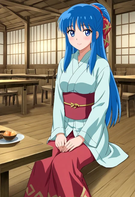 Detailed Hands, Excellent quality image, ultra detailed image, 1 girl, cute face, alone, blue eyes, detailed pupils, long hair, blue hair, ponytail, bun, sitting, tavern background, wooden tables
