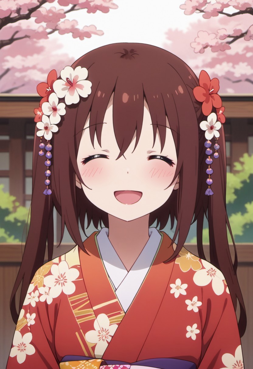 score_9, score_8_up, score_7_up, source_anime, nana ebina, cherry-brown hair, twintails, long hair, long hair, 1girl, closed eyes, solo, smile, open mouth, hair ornament, japanese clothes, blush, kimono, flower, hair flower, facing viewer, :d