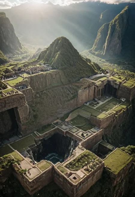 (pastel neon niji colors, terraforming mecha-Pyramid Like drdnght machine hovering above planet earth 20000 bc:1.5), 
(atmospheric haze, Film grain, cinematic film still, highly detailed, high budget, cinemascope, moody, epic, OverallDetail, gorgeous, 2000s vintage RAW photo, photorealistic, candid camera, color graded cinematic, eye catchlights, atmospheric lighting, skin pores, imperfections, natural, shallow dof:1.4),
(Ancient megalithic civilization, Azka Lines, on Easter Island:1.1), (The colonial city of the future, in the mist-filled Grand Canyon, on an unknown Earth-like planet, 2 moon on sky, Spaceship flight connects colonies, waterfulls:1), (Machu Picchu, a mountain settlement, incredibly spectacular:1),  (avant-garde, future, reality, science fiction, photorealistic), White limestone with black granite, fountain, waterfall, landmark, square, path, narrow street, (Large Files, Ultra Realistic, 8K, 16k, FHD, HD, VFX, Perfect, Photography, composition, Architecture Sales Photography, Architecture Competition, Ultra High Resolution, Cinematography, High Resolution Image:1), (dramatic lighting, direct sunlight, ray tracing, clear shadow:1), (real landscape:1), (blurred background:1.0), (urban background, more_details) ,
extremely detailed, industrialbuilding, drdnght machine, spstation, mayamaze, caveruinsAerial