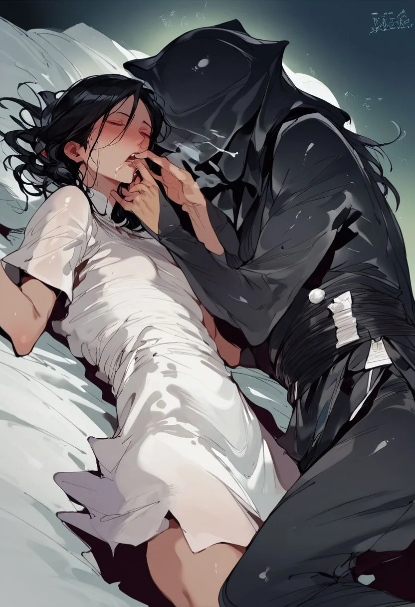 score_9, score_8_up, score_7_up, score_6_up, score_5_up, score_4_up, night, ((white bed)), (((bedroom))), ((young)), ((young body)), ((petite)), ((short)), (impact effect), (motion blur), (breath), (((((1girl))))), ((mouth poison liquid)), (((finger in the mouth by black bodysuit))), lying down, sleep face, ((((chloro)))), black hood, black skin, black face, black mask
yyjytjr856856356sd73, black hair, (((white victoria dress))), (((white royal dress)))