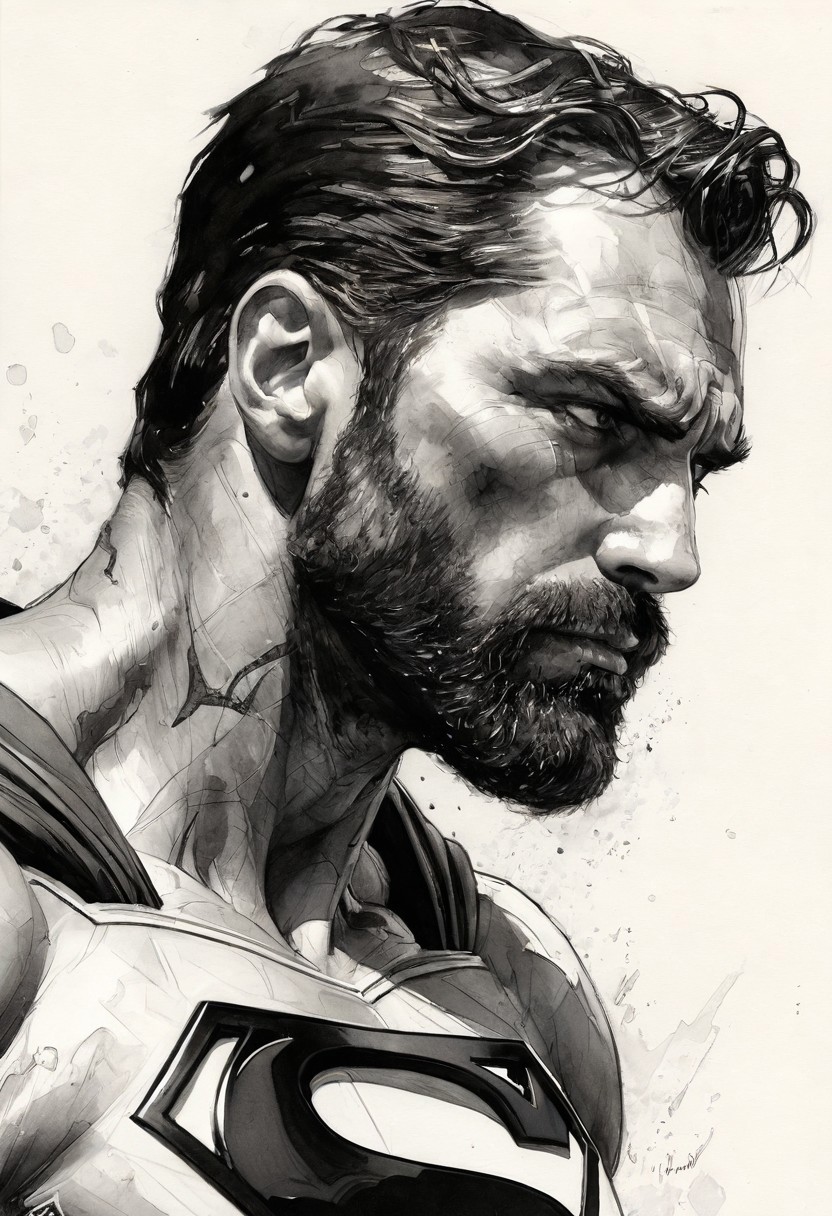 side view of Superman, handsome, bearded, mature, dirt, decadent, he is looking down sadly, black ink engravement, Steve McDonald style, Michael Garmash style, Adam Hughes style, neutral white background, ultra realistic, hyper detailed ink sketch, watercolor fill, black and white style
