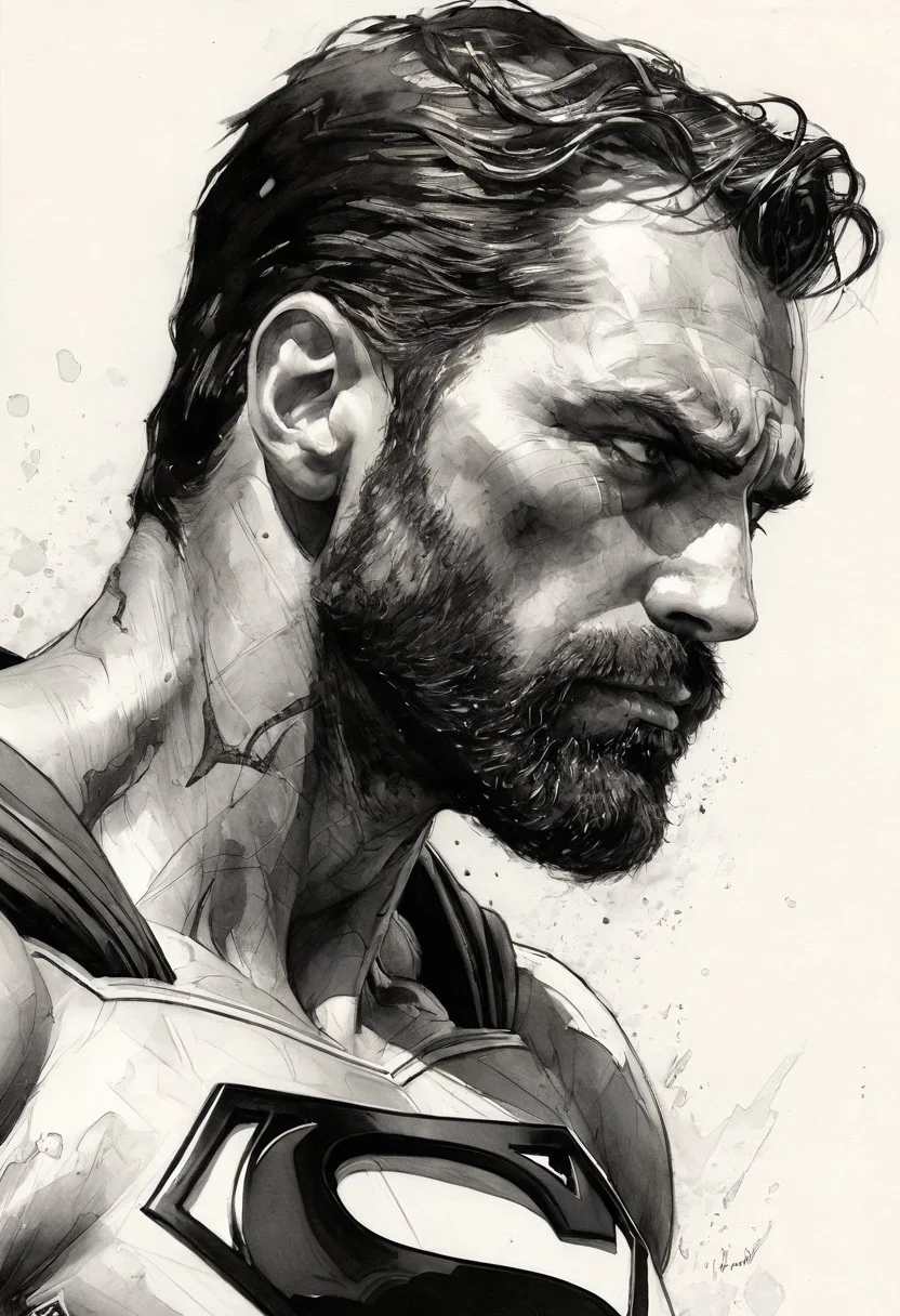 side view of Superman, handsome, bearded, mature, dirt, decadent, he is looking down sadly, black ink engravement, Steve McDonald style, Michael Garmash style, Adam Hughes style, neutral white background, ultra realistic, hyper detailed ink sketch, watercolor fill, black and white style