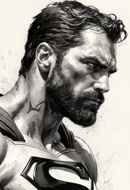 side view of Superman, handsome, bearded, mature, dirt, decadent, he is looking down sadly, black ink engravement, Steve McDonald style, Michael Garmash style, Adam Hughes style, neutral white background, ultra realistic, hyper detailed ink sketch, watercolor fill, black and white style