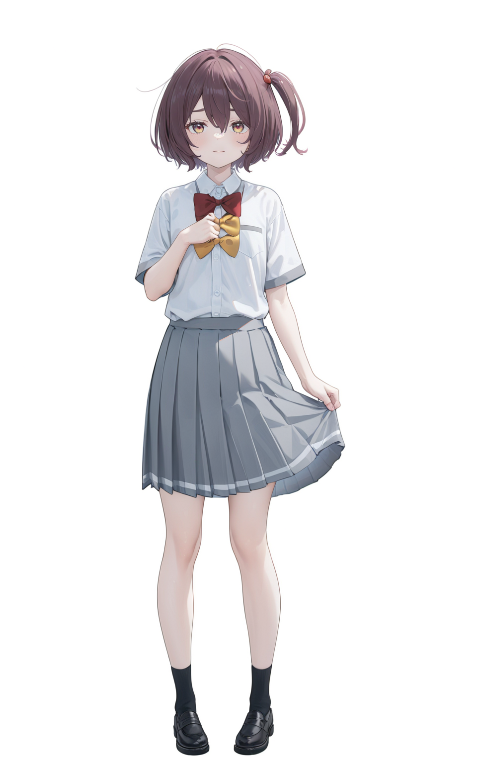8k, best quality, masterpiece, (ultra-detailed), (high detailed skin), 
(full body:1.25), (white background:1.4), (simple background), standing, looking at viewer, (solo:1.2), 
<lora:Komari-a3-Tanger-000014:0.8>, Komari, default clothes, school uniform, 1girl, solo,  bow,  grey pleated skirt, bowtie, short sleeves,   white collared shirt,