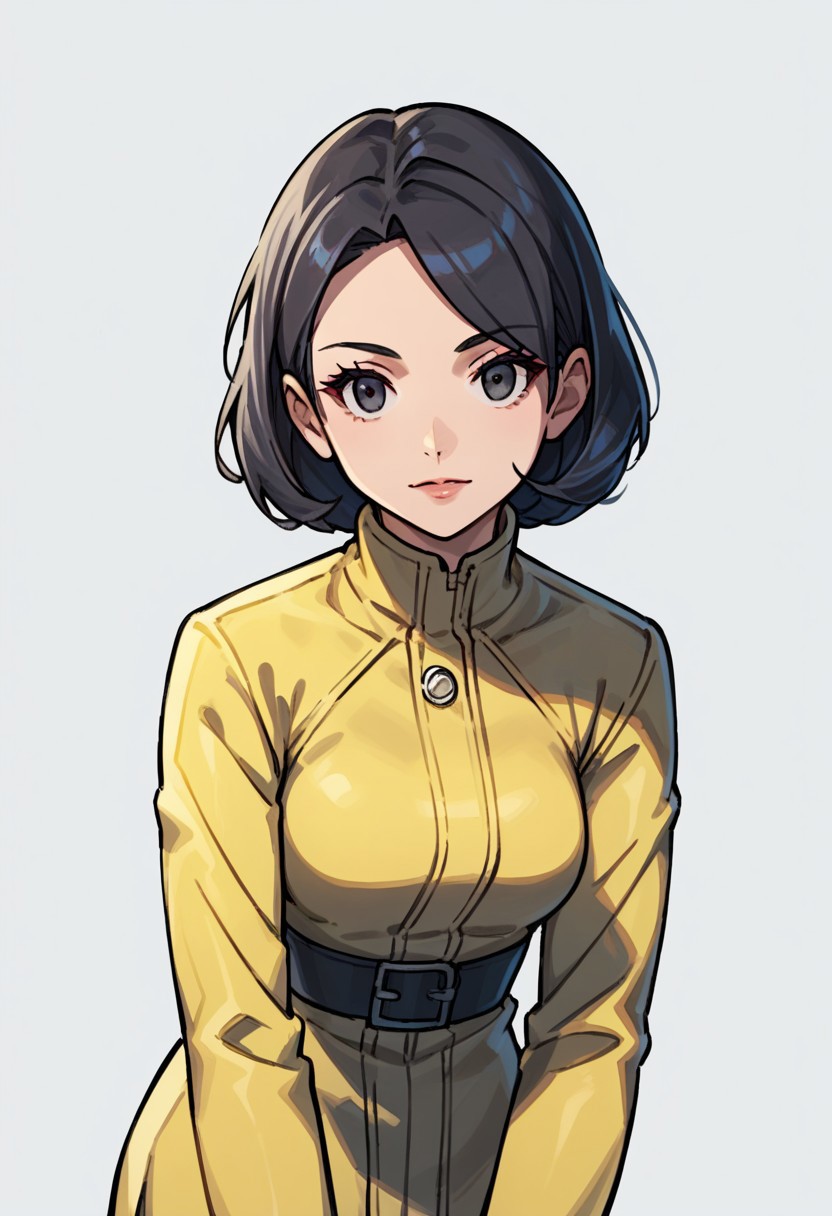 2d, masterpiece, best quality, amazing quality, 1girl, solo, cowboy shot, leaning forward, upper body,  simple background, looking at viewer, from front, white background, orasparasol, black hair, short hair,  yellow raincoat, score_9, score_8_up, score_7_up,source_anime, long sleeves