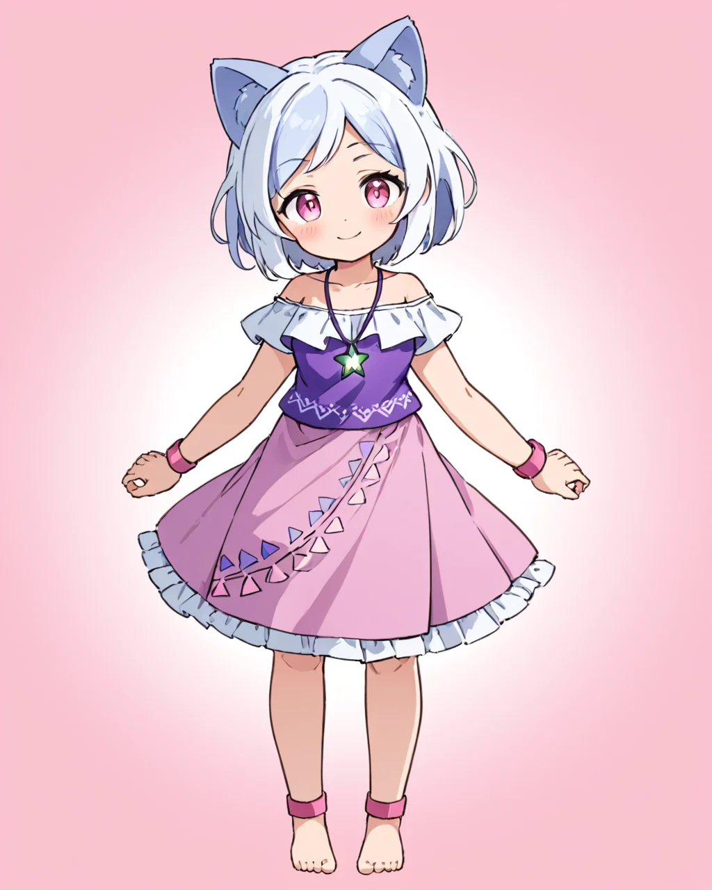 mitsugashira enoko,1girl, solo, >_<, barefoot, artist_name, facing_viewer, full_body, pink_background, x3, necklace, anklet, pink_dress, closed_mouth, purple_dress, smile, blush, simple_background, thick_eyebrows, glowing
<lora:mitsugashira_enoko_image296_2023-12-20-000030:1>,star-shaped_pupils,symbol-shaped_pupils,. gorgeous,key visual, vibrant, studio anime,award-winning, professional, highly detailed,high budget, cinemascope