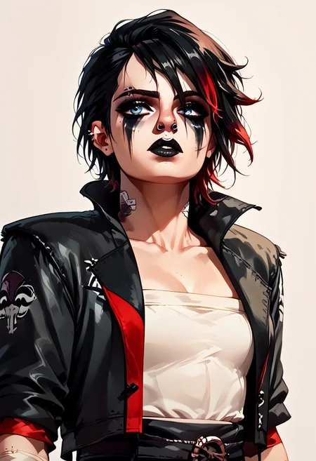 female focus, solo focus, solo, score_9, score_8_up, score_7_up, <lora:VIS2OutfitsV1.5:1> 1girl, GothVIv1, GothVifullmakeup, makeup, heavy makeup, facepaint, sarashi, piercing, short hair, bandages, jacket, black lips, blue eyes, detaield eyes, black hair, multicolored hair, red hair, cross-body stretch, stretching