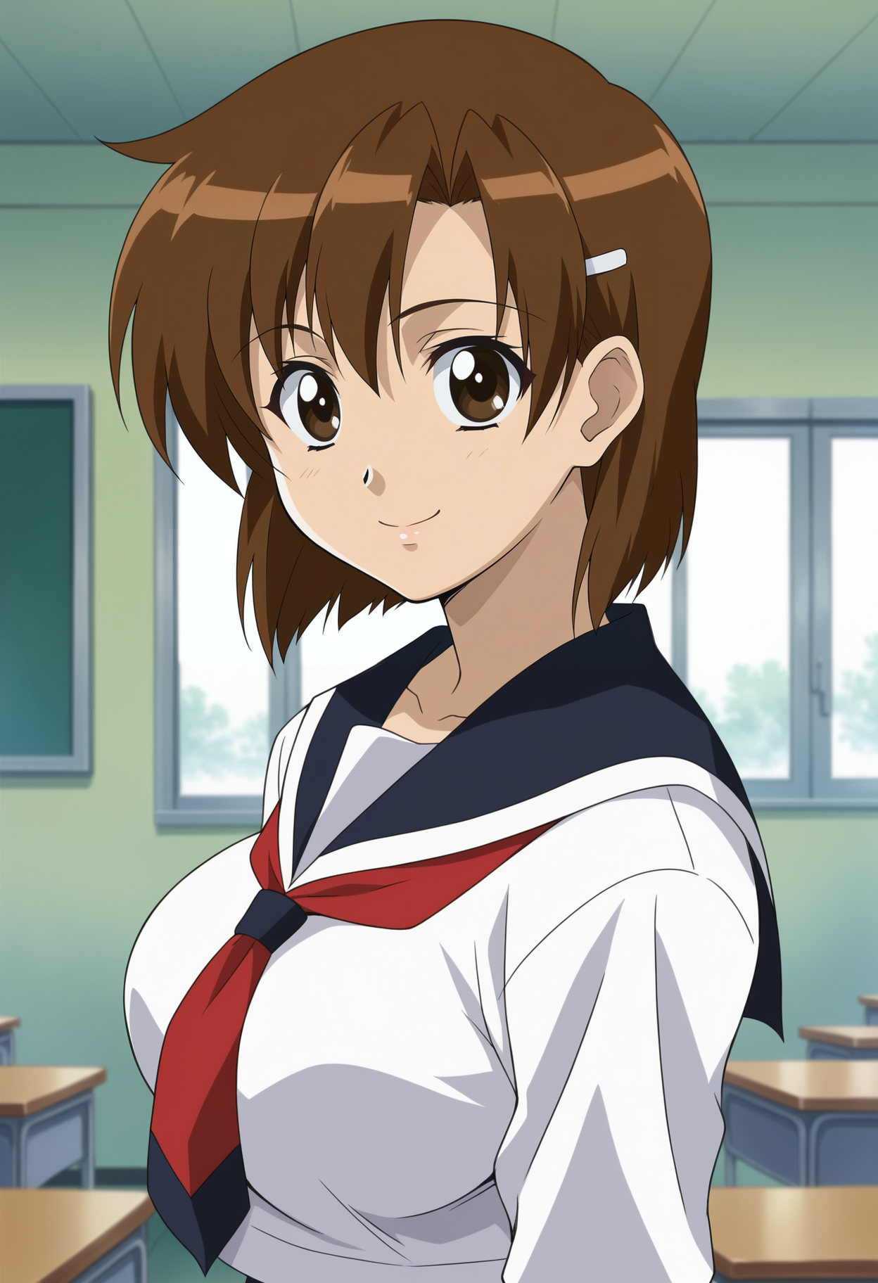 <lora:Kirie_Kojima-Girls_Bravo_r1:0.8>,1girl,solo,Kirie Kojima,brown hair,short hair,brown eyes,hairclip,large breasts,anime coloring,school uniform,serafuku,upper body,looking at viewer, indoors,smile