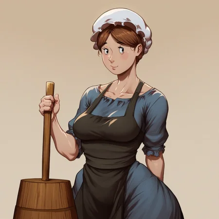 score_9_up, score_8_up, BREAK, 1girl, solo, AmishWife, short hair, brown hair, black eyes, mob cap, dress, apron, blue dress, mature female, cowboy shot, <lora:AmishWife_jlullaby_PXL_Leaf2:1>