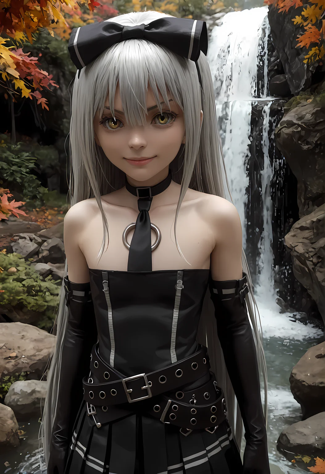 score_9, score_8_up, score_7_up,looking at viewer, shiny skin, upper body, light smile, petite,ohwx, grey_hair, long_hair, yellow_eyes, collarbone, very_long_hair, grey_eyes, hair_between_eyes, white_hair, short_hair, flat_chest, breasts,bare_shoulders, choker, bow, hair_bow, collar, ribbon, dress, skirt, black_bow, belt, black_dress, hair_ribbon, pantyhose, cosplay, gloves, elbow_gloves, black_pantyhose, hairband, thighhighs, shoes, necktie, pleated_skirt, o-ring, gothic_lolita, Japanese waterfall cascading over rocks, surrounded by vibrant autumn colors, serene and powerful,<lora:sora_pony_sobsynapse-000003:0.9>