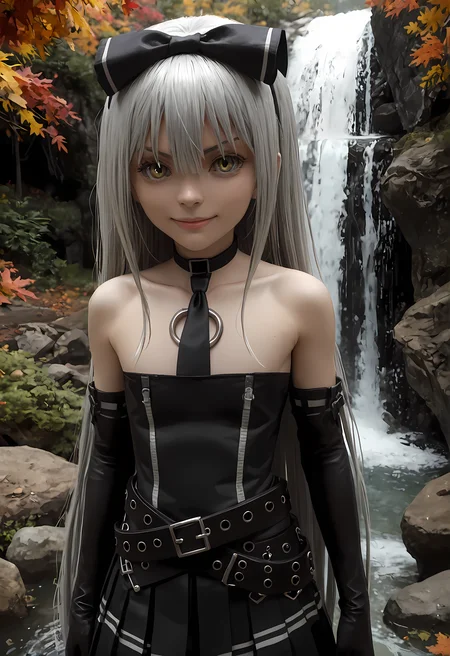 score_9, score_8_up, score_7_up,looking at viewer, shiny skin, upper body, light smile, petite,ohwx, grey_hair, long_hair, yellow_eyes, collarbone, very_long_hair, grey_eyes, hair_between_eyes, white_hair, short_hair, flat_chest, breasts,bare_shoulders, choker, bow, hair_bow, collar, ribbon, dress, skirt, black_bow, belt, black_dress, hair_ribbon, pantyhose, cosplay, gloves, elbow_gloves, black_pantyhose, hairband, thighhighs, shoes, necktie, pleated_skirt, o-ring, gothic_lolita, Japanese waterfall cascading over rocks, surrounded by vibrant autumn colors, serene and powerful,<lora:sora_pony_sobsynapse-000003:0.9>