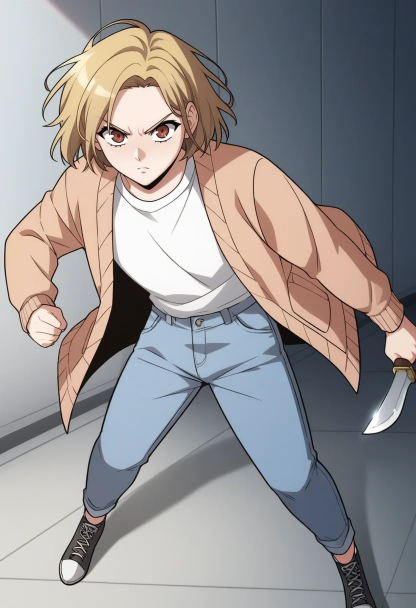 source_anime,anime screencap, anime coloring,intricate details,rating_explicit, masterpiece, best quality,
(best quality, absurd res, ultra detailed),,(4 finger:0.5),1girl, ((solo)), good eyes,perfect eyes,,detailed eyes, zPDXLxxx , zPDXL3, OverallDetail,detailed, detailed face
BREAK
solo,indoors,standing,front view,
shinyoosung, short hair, blonde hair, brown eyes, white shirt, open cardigan, blue pants, jeans, denim, long sleeves, full body, angry, holding knife, fighting pose,
, <lora:add-detail-xl:2> <lora:shin_yoosung-02:1>